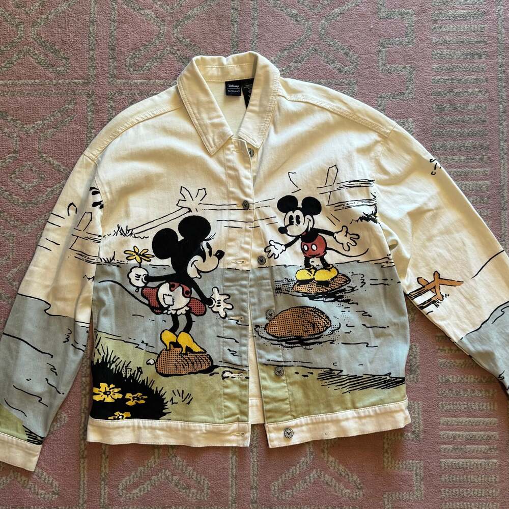 Disney Her Universe Mickey & Minnie Mouse Graphic Denim Jacket, White, Size M